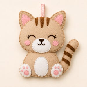 Può includere: Un ornamento in feltro color marrone chiaro a forma di gatto con strisce scure sulla fronte, orecchie rosa e guance rosate. Il gatto presenta muso, pancia e cuscinetti bianchi con dettagli rosa. Una coda a strisce e un nastrino per appenderlo.