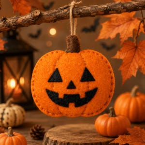 Puede incluir: Un adorno de calabaza de fieltro con un cuerpo de color naranja brillante y un tallo marrón. La calabaza presenta una cara de jack-o'-lantern de fieltro negro con dos ojos triangulares, una nariz triangular pequeña y una boca dentada.