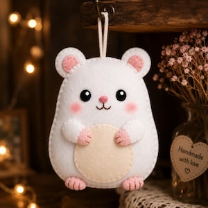 Könnte beinhalten: Ein weißes Filz-Hamster-Ornament mit einem runden beigen Bauch, rosa Innenohren und rosa Wangen. Der Hamster hat schwarze Augen, eine kleine rosa Nase und einen gestickten Mund. Eine weiße Schnurschlaufe ist oben zum Aufhängen befestigt.