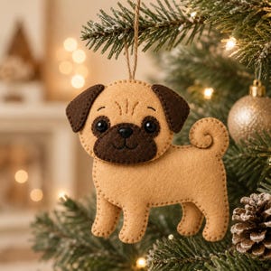 May include: A tan felt pug ornament with dark brown ears and a dark brown muzzle. The dog has black bead eyes, a stitched nose and mouth, and a curled tail. It hangs from a thin brown string, featuring visible stitching along the edges of the felt.