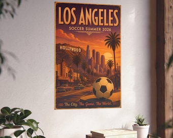 Los Angeles Soccer Summer 2026 Vintage Travel Poster Art Deco Wall Art LA Skyline Soccer Fan Gift Retro City Poster Matte Print