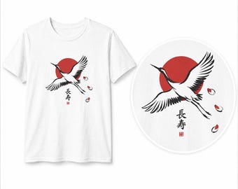 Japanese Crane T-Shirt | Sumi-e Ink Art Red Sun Shirt | Minimalist Aesthetic Tee | Longevity Kanji Shirt | Japandi Wabi Sabi Streetwear