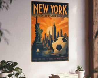 New York Soccer Summer 2026 Vintage Travel Poster Art Deco Wall Art NYC Skyline Soccer Fan Gift Retro City Poster Matte Print