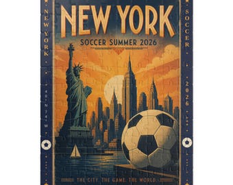 New York Soccer Summer 2026 Jigsaw Puzzle | Vintage Travel Poster Puzzle | NYC Skyline Art Deco Puzzle | Soccer Fan Gift | Football Gift