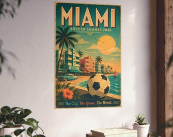 Miami Soccer Summer 2026 Vintage Travel Poster Art Deco Wall Art Beach Skyline Soccer Fan Gift Retro City Poster Matte Print
