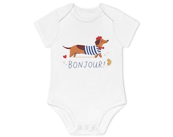 Bonjour Dackel Baby Body | Süßer Hund Strampler | Französischer Dackel Babykleidung | Geschenk Hundeliebhaber Geburt