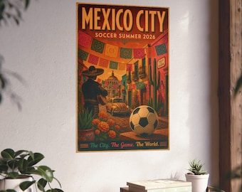 Mexico City Soccer Summer 2026 Vintage Travel Poster Art Deco Wall Art Mexican Street Scene Soccer Fan Gift Retro Poster Matte