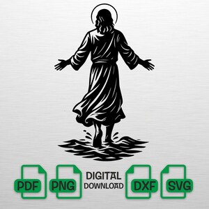 Op de afbeelding: Een zwart-wit silhouet van een figuur met uitgestrekte armen, gekleed in een lang gewaad en een halo, lopend op water. De woorden "DIGITALE DOWNLOAD" staan eronder, samen met PDF-, PNG-, DXF- en SVG-pictogrammen.