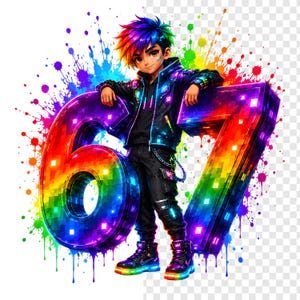 May include: A digital illustration of a young person with rainbow hair and a black jacket, leaning on a large, colorful number 67. The numbers and the background feature a vibrant splash of rainbow colors, creating a dynamic and eye-catching design.