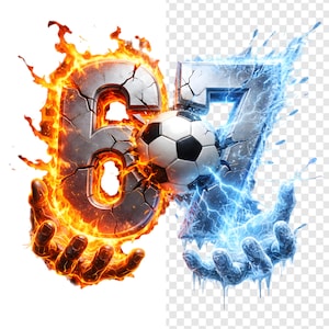Könnte beinhalten: Digitale Illustration der Zahlen sechs und sieben, jeweils mit einer rissigen, metallischen Textur. Die Sechs ist von Flammen umgeben, gehalten von einer feurigen Hand. Die Sieben ist in Eis eingeschlossen, gehalten von einer eisigen Hand. Ein Fußball befindet sich zwischen den Zahlen.