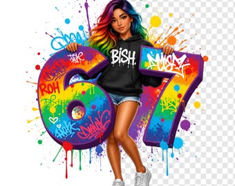 Six Seven Meme PNG, Graffiti Girl 67 Number Design, Rainbow Splatter Art for Women T-Shirt, Streetwear Sublimation, Digital Download 67 Art