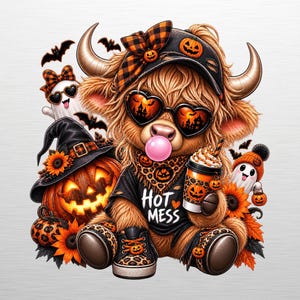 Op de afbeelding: Een illustratie van een pluizige Schotse Hooglander met een zwarte honkbalpet met pompoen, hartvormige zonnebril en een zwart shirt met de tekst HOT MESS. Het bevat een kauwgombal, een pompoen, spoken, vleermuizen, zonnebloemen en een koffiebeker.