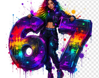 Six Seven Meme PNG, Cyber neon gamer Girl 67 Number Design, Rainbow Splatter Art for Women, Streetwear Sublimation, Digital Download 67 Game