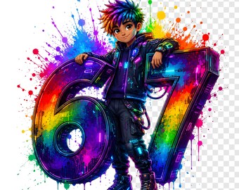 Six Seven Meme PNG, Cyber neon gamer Boy 67 Design, Rainbow Splatter Anime Art, Streetwear Sublimation, Digital Download, 67 Number Gamer