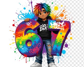 Six Seven Meme PNG, Graffiti Boy 67 Number Design, Colorful Splatter Art for Kids T-Shirt, Streetwear Sublimation, Digital Download 67 Art