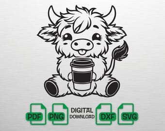 Highland Cow with Coffee SVG, Baby Cow PNG, Coffee Lover Gift, Cute Cow Cut File for Cricut, Highland Cow Sublimation, Mom Fuel DXF, Digital