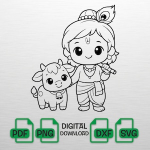May include: Black and white illustration of a cartoon character with a cow. The character wears a crown with a feather and holds a flute. The cow has a bell around its neck. Digital download options are shown.