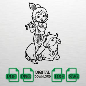 Könnte beinhalten: Schwarz-Weiß-Illustration einer jungen Person, die Flöte spielt, neben einer Kuh stehend. Die Person trägt traditionelle Kleidung und Kopfschmuck mit Federn. Die Kuh liegt. Digitale Download-Dateiformate: PDF, PNG, DXF, SVG.