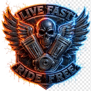 May include: A digitally rendered biker-themed emblem featuring a skull, wings, and engine components. The words "LIVE FAST" and "RIDE FREE" are displayed. The design incorporates fiery orange and electric blue accents.