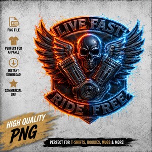 May include: A digital graphic design featuring a central skull with wings and a V-twin engine, split by orange and blue lightning effects. The text reads LIVE FAST at the top and RIDE FREE at the bottom, set against a textured gray background.
