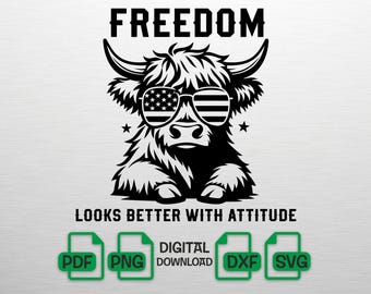 Highland Cow SVG, Patriotic Cow PNG, American Flag Glasses SVG, Freedom Cow Cut File for Cricut, 4th of July Shirt Design, Mom Life Print