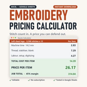 Puede incluir: Una plantilla digital de calculadora de precios de bordado para Excel y Google Sheets. La interfaz muestra una calculadora de presupuestos con campos para tiempo de máquina, hilo, estabilizador, mano de obra y costes de digitalización.