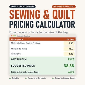 Puede incluir: Una calculadora digital de precios para costura y acolchado compatible con Excel y Google Sheets. La interfaz muestra una tabla de costos para un estuche con cremallera, incluyendo materiales, tiempo de mano de obra y precio sugerido.