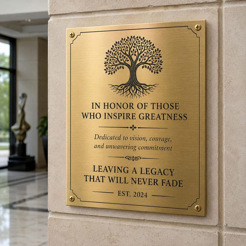 May include: A rectangular brushed gold metal plaque with four corner screws. It features a black tree graphic and the text: IN HONOR OF THOSE WHO INSPIRE GREATNESS, Dedicated to vision, courage, and unwavering commitment, LEAVING A LEGACY THAT WILL NEVER FADE, EST. 2024.