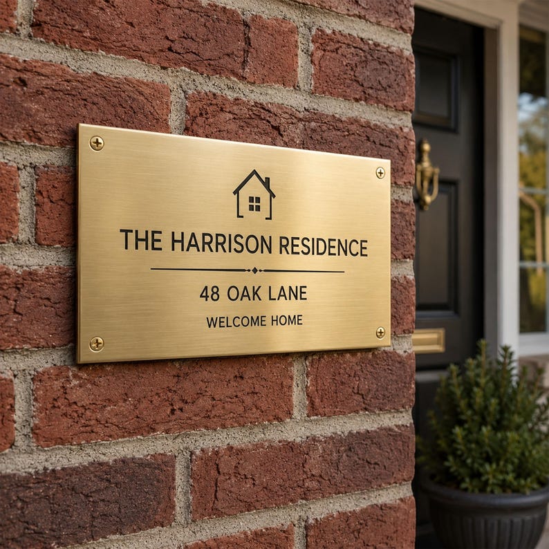 May include: A rectangular brushed brass house sign mounted on a red brick wall with four screws. The sign features a black house icon, the text THE HARRISON RESIDENCE, 48 OAK LANE, and WELCOME HOME, separated by a decorative horizontal line.