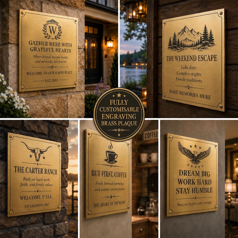 May include: A collection of rectangular brass plaques featuring engraved text and graphic designs. Each plaque displays unique phrases such as GATHER HERE WITH GRATEFUL HEARTS, THE WEEKEND ESCAPE, THE CARTER RANCH, BUT FIRST, COFFEE, and DREAM BIG WORK HARD STAY HUMBLE.