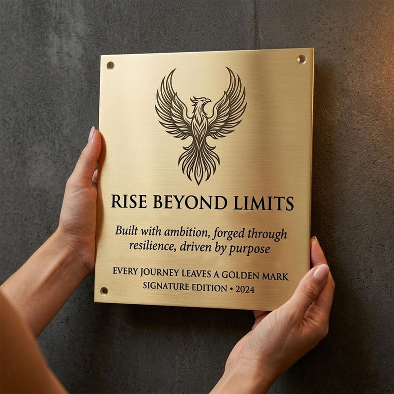 May include: A rectangular brushed gold metal plaque featuring a black engraved phoenix graphic at the top. The text reads: RISE BEYOND LIMITS, Built with ambition, forged through resilience, driven by purpose, EVERY JOURNEY LEAVES A GOLDEN MARK, SIGNATURE EDITION 2024.