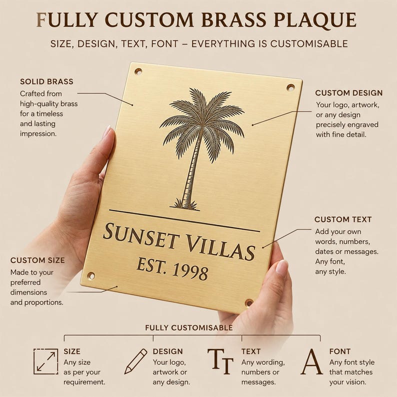 May include: A rectangular brass plaque featuring an engraved palm tree graphic above the text SUNSET VILLAS EST. 1998. The plaque includes four corner holes for mounting and displays descriptive labels regarding custom design, text, and size options.