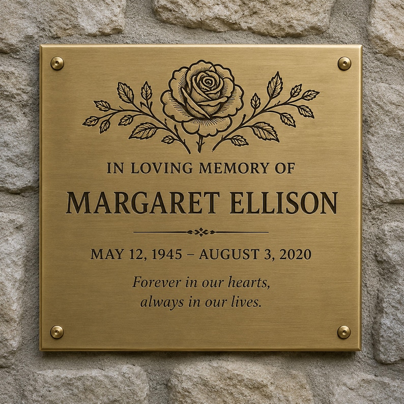 May include: A rectangular brushed brass memorial plaque featuring an engraved rose illustration at the top. The text reads: IN LOVING MEMORY OF MARGARET ELLISON, MAY 12, 1945 &ndash; AUGUST 3, 2020, Forever in our hearts, always in our lives.
