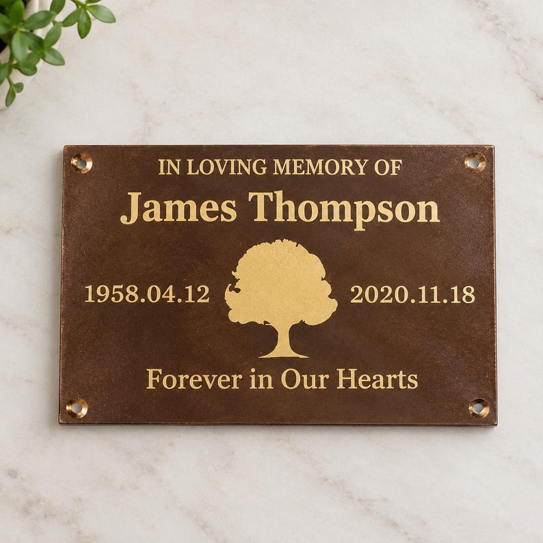 May include: A rectangular brown metal memorial plaque with gold engraved text reading IN LOVING MEMORY OF James Thompson, the dates 1958.04.12 and 2020.11.18, a central tree silhouette, and the phrase Forever in Our Hearts, featuring four corner holes.