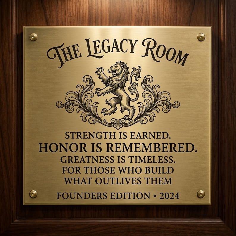 May include: A rectangular brushed brass plaque with four corner screws, featuring the text THE LEGACY ROOM above a central lion emblem. Below, the text reads: STRENGTH IS EARNED. HONOR IS REMEMBERED. GREATNESS IS TIMELESS. FOR THOSE WHO BUILD WHAT OUTLIVES THEM. FOUNDERS EDITION &bull; 2024.