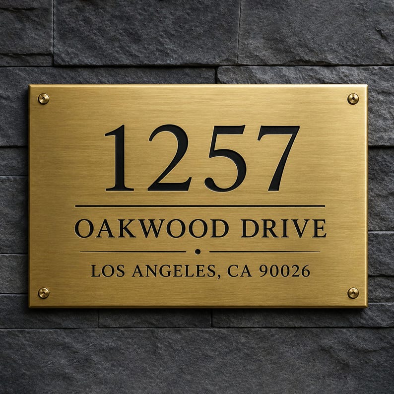 May include: A rectangular brushed brass house sign with four corner screws. The sign features the black engraved text 1257, OAKWOOD DRIVE, and LOS ANGELES, CA 90026, separated by horizontal lines and a small centered dot.