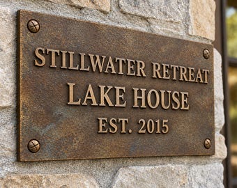 May include: A rectangular bronze-toned metal plaque with a weathered, textured finish. The sign features raised lettering that reads STILLWATER RETREAT LAKE HOUSE EST. 2015. It is secured at each corner by four visible, matching bronze-colored screws.