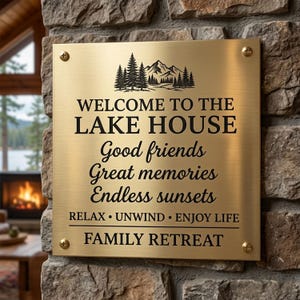 May include: A square brushed brass metal sign with four corner screws. It features a black engraved graphic of pine trees and mountains above the text: WELCOME TO THE LAKE HOUSE, Good friends, Great memories, Endless sunsets, RELAX &bull; UNWIND &bull; ENJOY LIFE, FAMILY RETREAT.