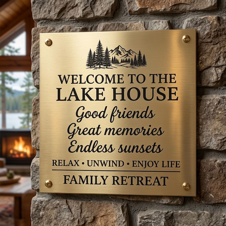 May include: A square brushed brass metal sign with four corner screws. It features a black engraved graphic of pine trees and mountains above the text: WELCOME TO THE LAKE HOUSE, Good friends, Great memories, Endless sunsets, RELAX &bull; UNWIND &bull; ENJOY LIFE, FAMILY RETREAT.