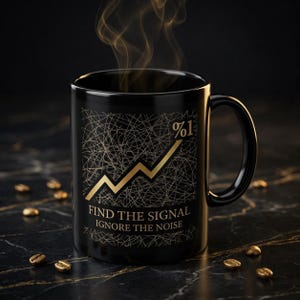 May include: A black ceramic mug featuring a gold graphic of a rising line chart, the text %1, and the words FIND THE SIGNAL IGNORE THE NOISE. The design includes a background of thin, intersecting gold lines, with steam rising from the top of the mug.
