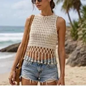 May include: Cream-colored, sleeveless crochet top with fringe detail. The top is paired with denim shorts. The image is taken outdoors, with a beach and palm trees in the background. A shoulder bag is also visible.