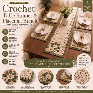 Crochet Table Runner & Placemat Pattern | Daisy Farmhouse Table Decor | Dining Table Set | PDF Pattern