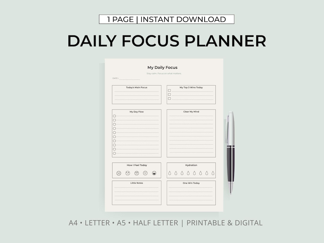 Daily Focus Planner Printable ADHD Daily Planner Minimal Productivity ...