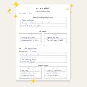 Reset Focus Planner, druckbares Produktivitätsarbeitsblatt, Ablenkungs-Tracker (PDF)