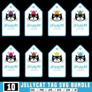 May include: A collection of eight white tags with a cartoon cat wearing a hat. Each tag has the text "JELLYCAT LONDON" in blue. The tags are arranged in two rows of four. The bottom of the image has the text "10 JELLYCAT TAG SVG BUNDLE".