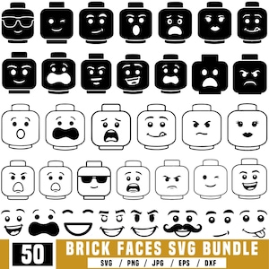 Pode incluir: Uma coleção de 50 rostos de tijolos em preto e branco com várias expressões, incluindo óculos de sol, sorrisos e carrancas. A imagem inclui o texto "50 BRICK FACES SVG BUNDLE".