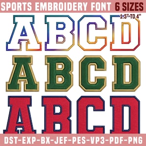 Puede incluir: Imagen de una fuente de bordado deportivo en seis tamaños, con las letras A, B, C y D mostradas en tres combinaciones de colores diferentes. Los tamaños de fuente varían de 3,8 cm a 10,2 cm. La imagen también incluye información sobre el tipo de archivo: DST-EXP-BX-JEF-PES-VP3-PDF-PNG.