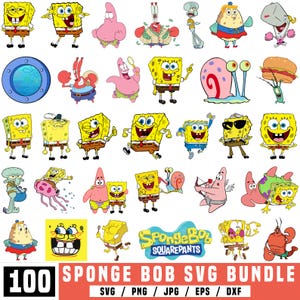 May include: A vibrant collection of cartoon character illustrations from SpongeBob SquarePants. The image features SpongeBob, Patrick Star, Squidward, and other characters in various poses, alongside the text "SpongeBob SquarePants" and "100 SPONGE BOB SVG BUNDLE".