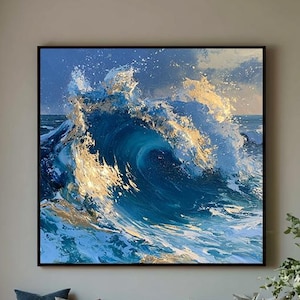 Tableau de vagues océaniques à la feuille d'or, art marin texturé, grande décoration murale côtière, toile bleue et or, cadeau d'art luxueux pour une maison de plage