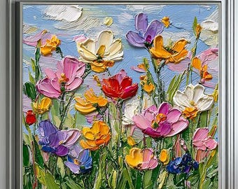 Bunte Wildblumen Malerei Impasto 3D Blumen Kunst, Strukturierte Wiese Spachtel Kunst, Quadratische Leinwand Cottagecore Dekor, Original Ölgemälde